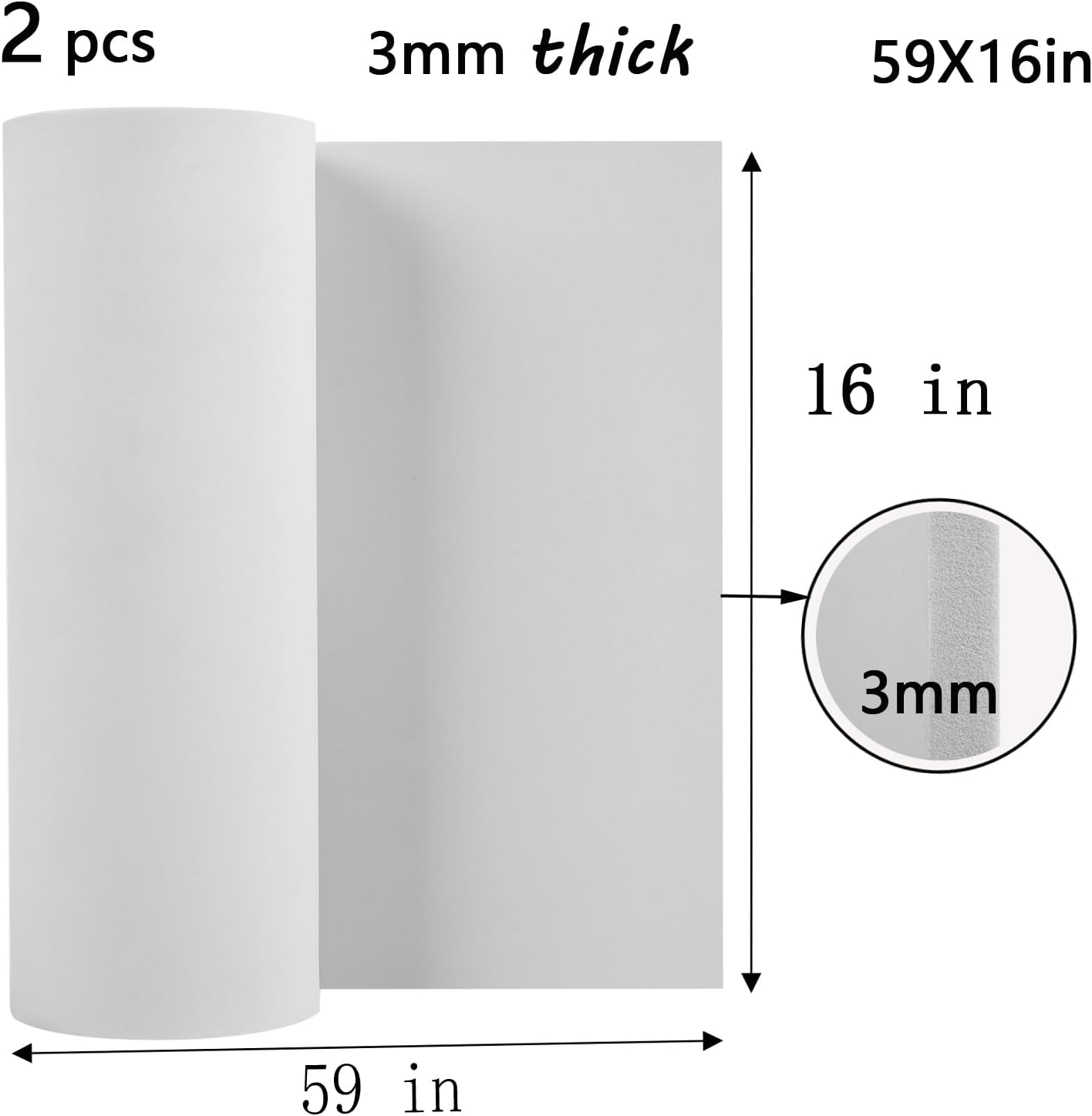 AMZQNART 2Pcs EVA Foam 3mm, Cosplay Foam 16x59 inch White, High Density 90 kg/m³, for Craft Projects Cosplay Costumes, Fake Weapons, Decorations, Christmas, Easter, Thanksgiving, etc.