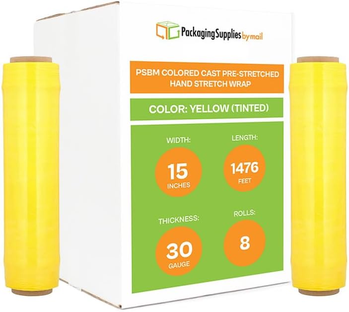 PSBM Yellow Stretch Wrap, 15 Inch x 1476 Feet, 8 Pack, Tinted Pre-Stretched Shrink Wrap Film for Moving, Packaging, Pallet Wrapping