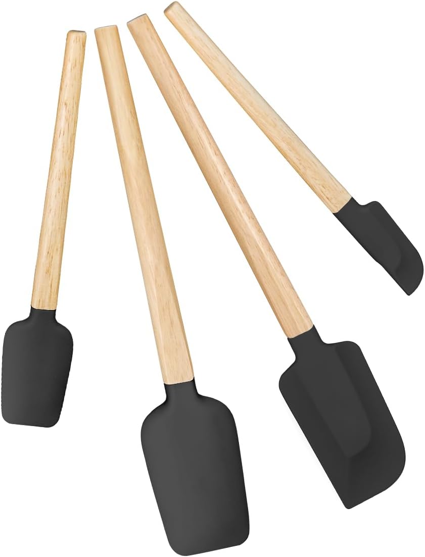 Black Silicone Spatula Set, Food Grade Rubber Spatula-4 Piece Nonstick Rubber Spatulas, Spoonula, Jar Scraper for Cooking, Baking, Mixing, Frosting