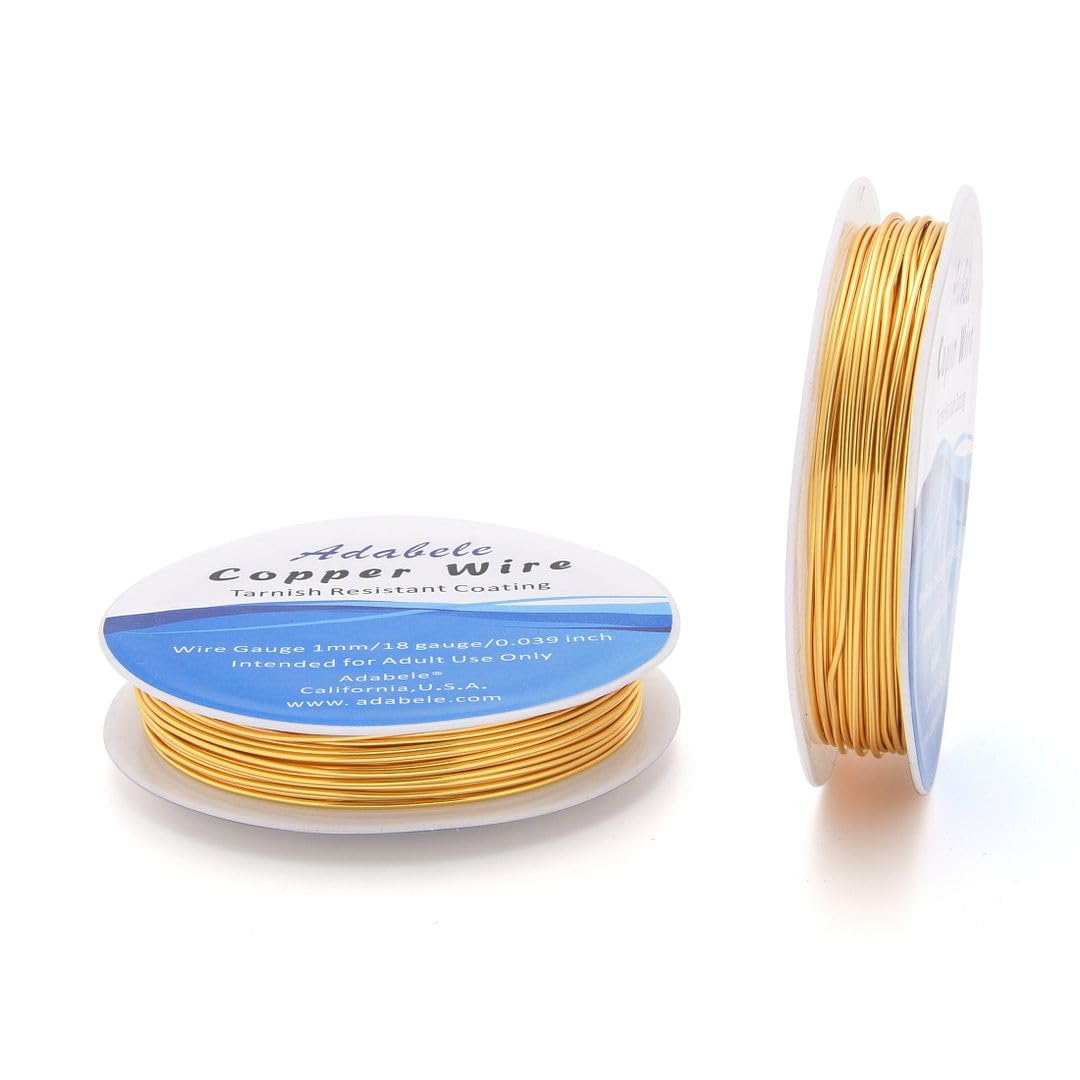 Adabele 32 Feet Premium Tarnish Resistant Round Jewelry Wire Copper Beading Wire Spool Bulk (1mm/18 Gauge) 18K Gold Plated for DIY Craft Jewelry Making BF286-10