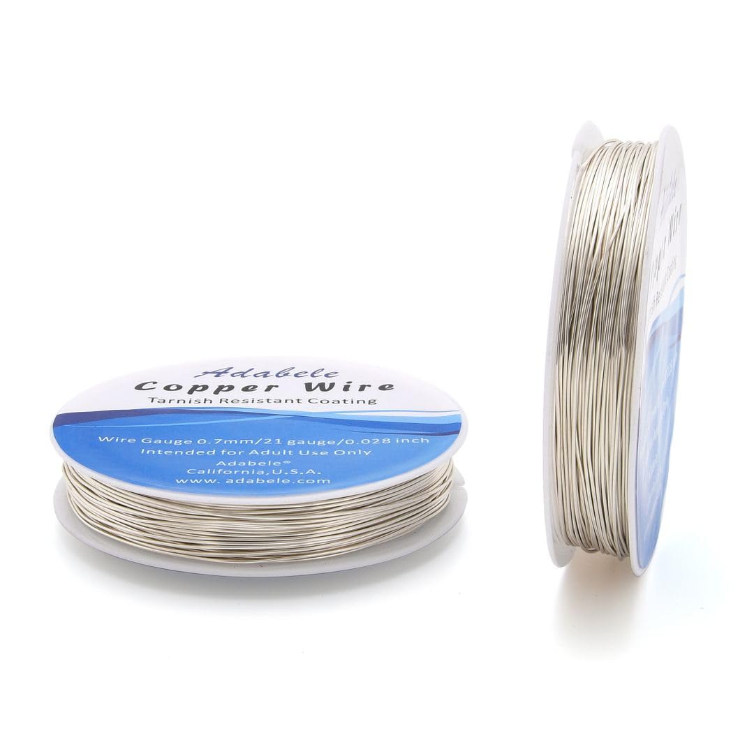 Adabele 164 Feet Premium Tarnish Resistant Round Jewelry Wire Copper Beading Wire Spool Bulk (0.7mm/21 Gauge) Sterling Silver Plated for DIY Craft Jewelry Making BF285-7