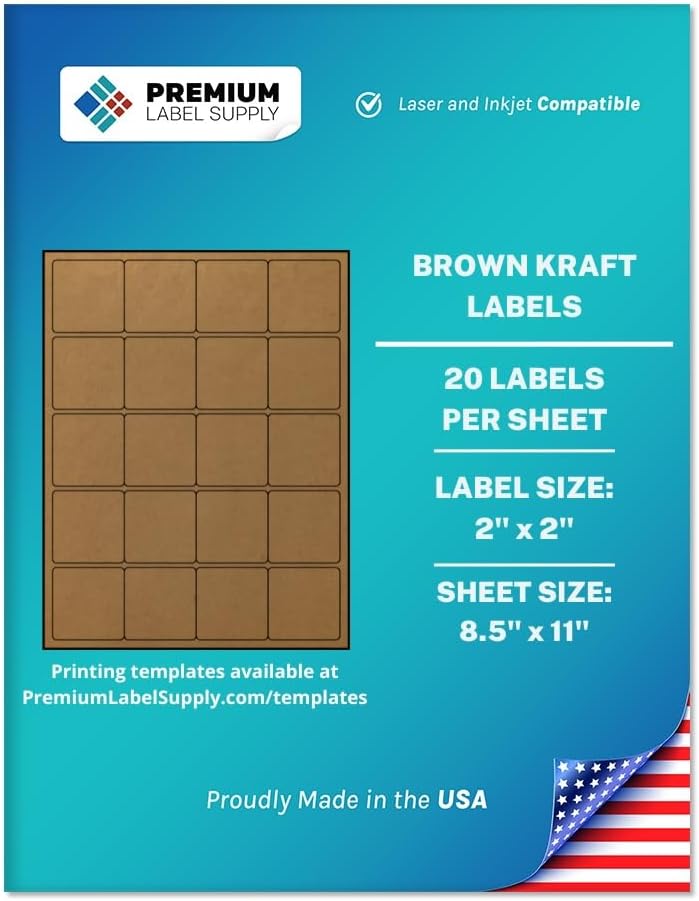 Premium Label Supply Brown Kraft Sticker Square Labels – 2" x 2" – Laser/Inkjet Compatible – (20 per Sheet), 500 Sheets – 10,000 Total Adhesive Labels