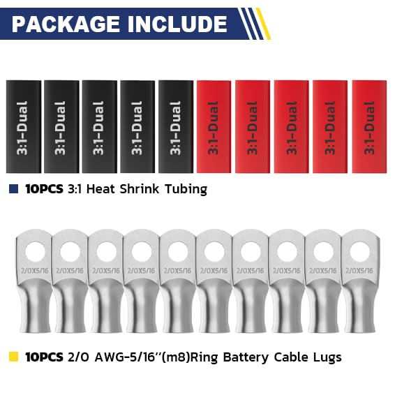 haisstronica 10pcs 2/0 AWG - 5/16"(M8) Tinned Copper Battery Lugs