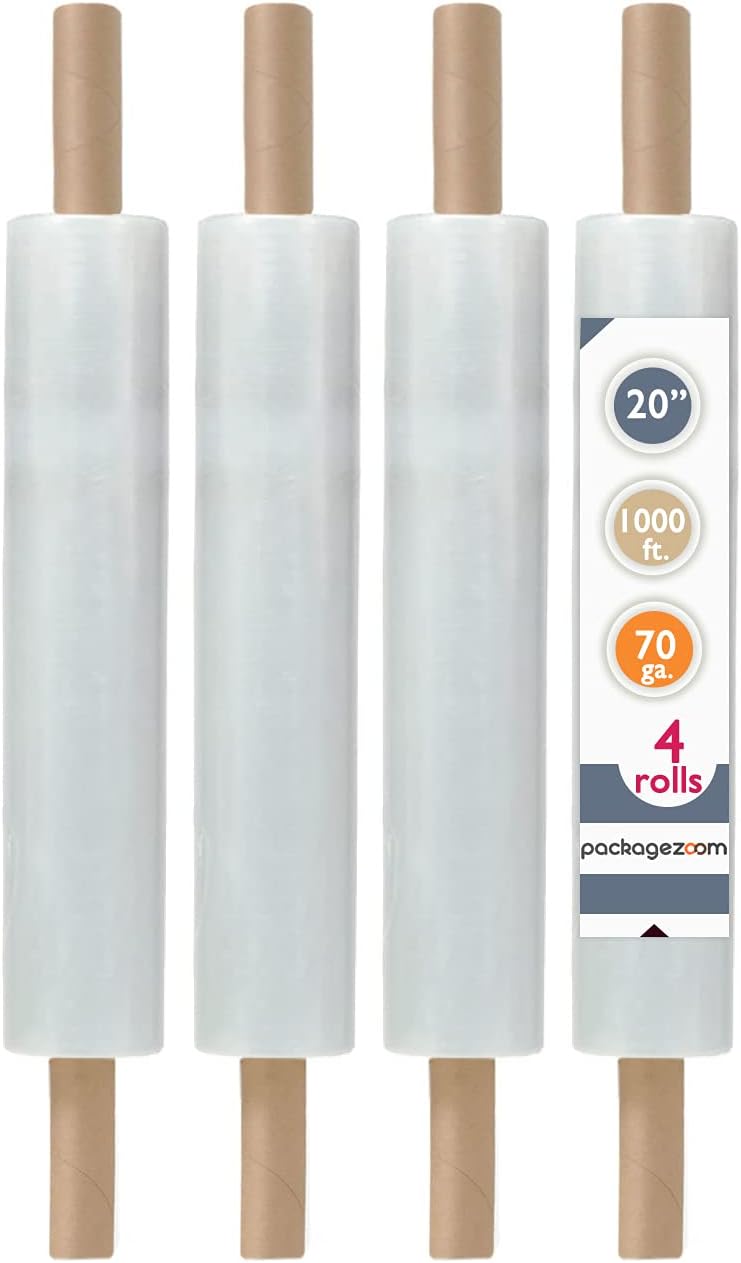 PackageZoom 20 inch x 1000 Feet Stretch Wrap with Handle, Clear Stretch Film, 4 Rolls