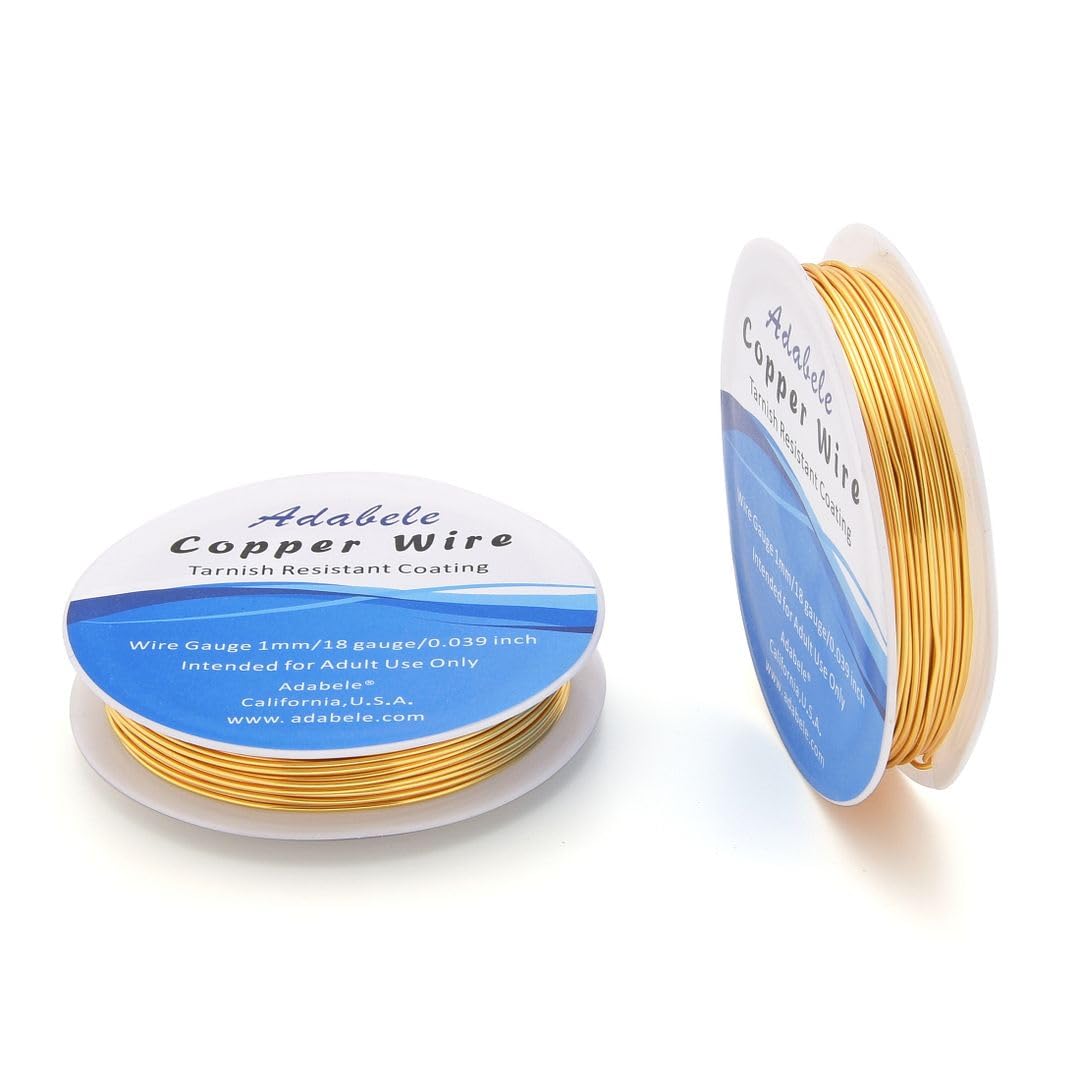 Adabele 32 Feet Premium Tarnish Resistant Round Jewelry Wire Copper Beading Wire Spool Bulk (1mm/18 Gauge) 18K Gold Plated for DIY Craft Jewelry Making BF286-10