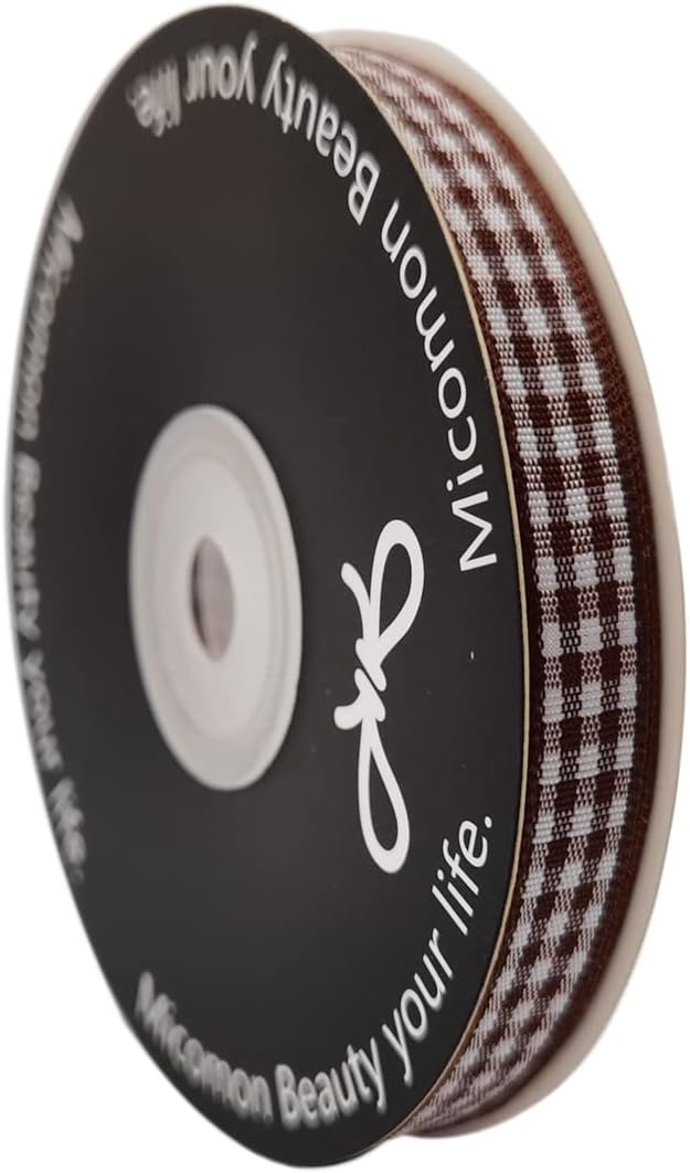 Brown Gingham Ribbon 25 Yards Christmas Ribbon for Crafts Plaid Checked Ribbon 100% Polyester (3/8", Brown)