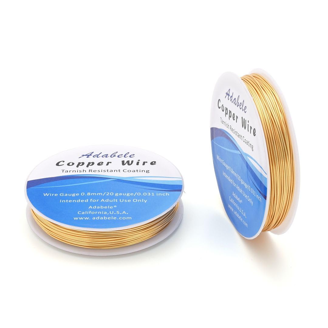 Adabele 65 Feet Premium Tarnish Resistant Round Jewelry Wire Copper Beading Wire Spool Bulk (0.8mm/20 Gauge) 18K Gold Plated for DIY Craft Jewelry Making BF286-8