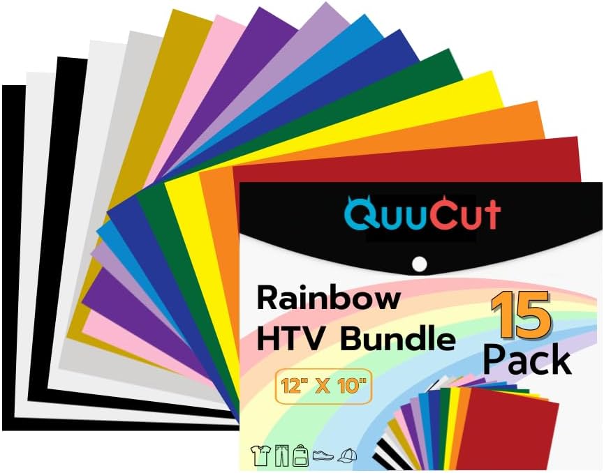 QuuCut Heat Transfer Vinyl Bundle: 15 Pack 12" x 10" Sheets, Rainbow HTV, 13 Assorted Full Matte Color Iron on Vinyl for T-Shirts, Cricut & Silhouette - Easy to Cut & Weed