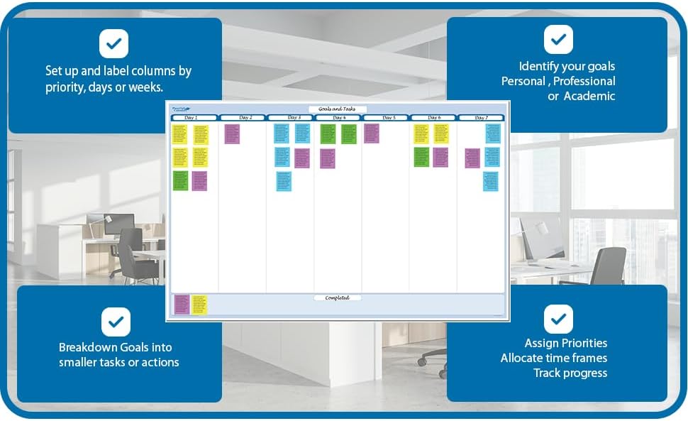 Sky Blue 7-Column Task, Goals & Objective Wall Horizontal Organizer 24" x 36". Complete with Marker