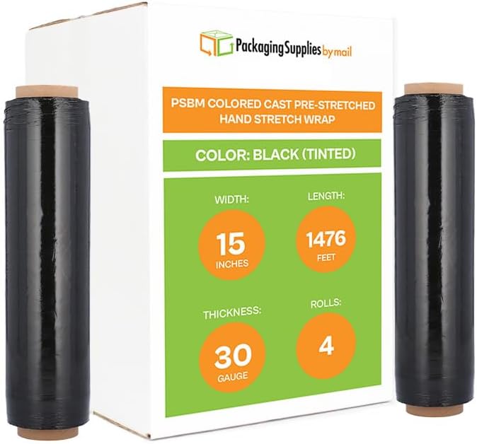 PSBM Black Stretch Wrap, 15 Inch x 1476 Feet, 4 Pack, Tinted Pre-Stretched Shrink Wrap Film for Moving, Packaging, Pallet Wrapping