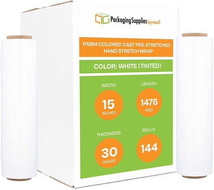 PSBM White Stretch Wrap, 15 Inch x 1476 Feet, 144 Pack, Tinted Pre-Stretched Shrink Wrap Film for Moving, Packaging, Pallet Wrapping