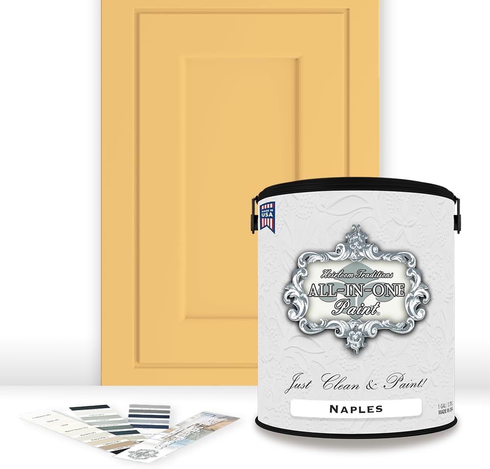 ALL-IN-ONE Paint, Durable cabinet and furniture paint. Built in primer and top coat, no sanding needed. Includes our 30 featured color card - Naples (sunny yellow), Gallon