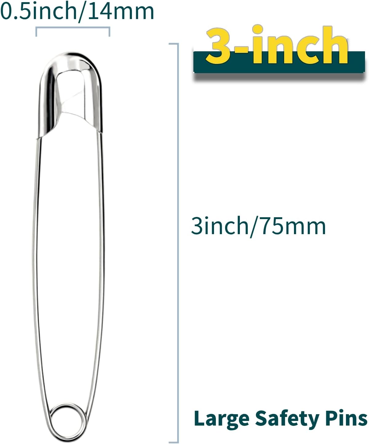 3Inch Extra Large Safety Pins - 100Pcs Heavy Duty Silver Nickel-Plated Steel - Bulk for Sewing, Crafts, Clothing, Decor & Clips