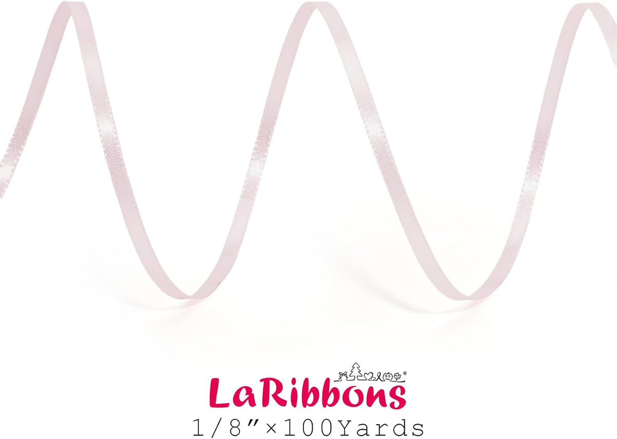 LaRibbons Light Pink Satin Ribbon 1/8 Inch 100 Yards Thin Luxury Double Faced Pink Silk Ribbon for Gift Wrapping Flower Bouquet Crafts Wedding BabyShower Decoration