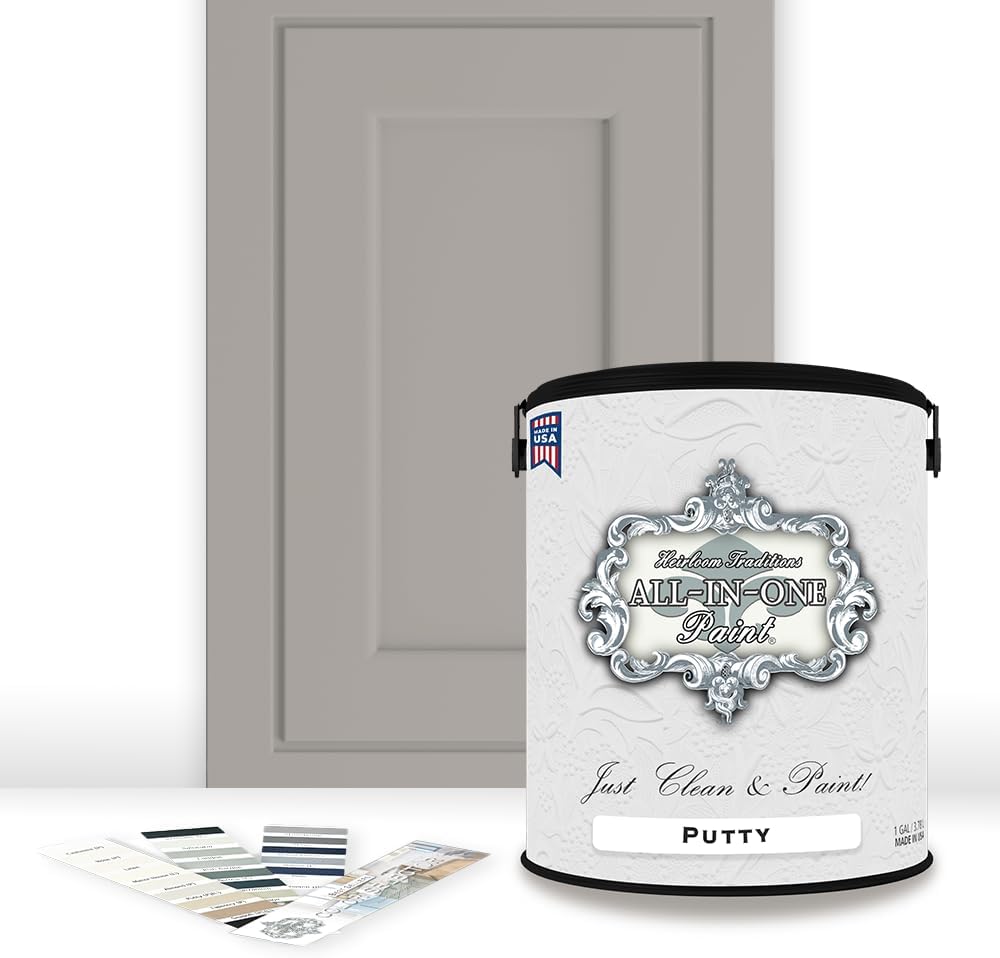 ALL-IN-ONE Paint, Durable cabinet and furniture paint. Built in primer and top coat, no sanding needed. Includes our 30 featured color card - Putty (light taupe), Gallon
