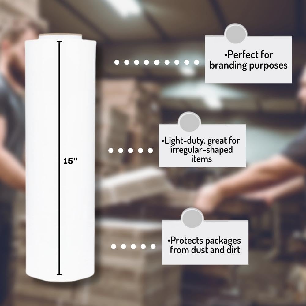 PSBM White Stretch Wrap, 15 Inch x 1476 Feet, 8 Pack, Tinted Pre-Stretched Shrink Wrap Film for Moving, Packaging, Pallet Wrapping