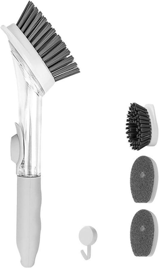 Soap Dispensing Dish Brush with 4 Replaceable Heads, Updated No Leaking Soap Dish Scrubber Soap Dispenser, Kitchen Dish Brush with Soap Dispenser for Pot Pan Sink Cleaning(Light Gray)