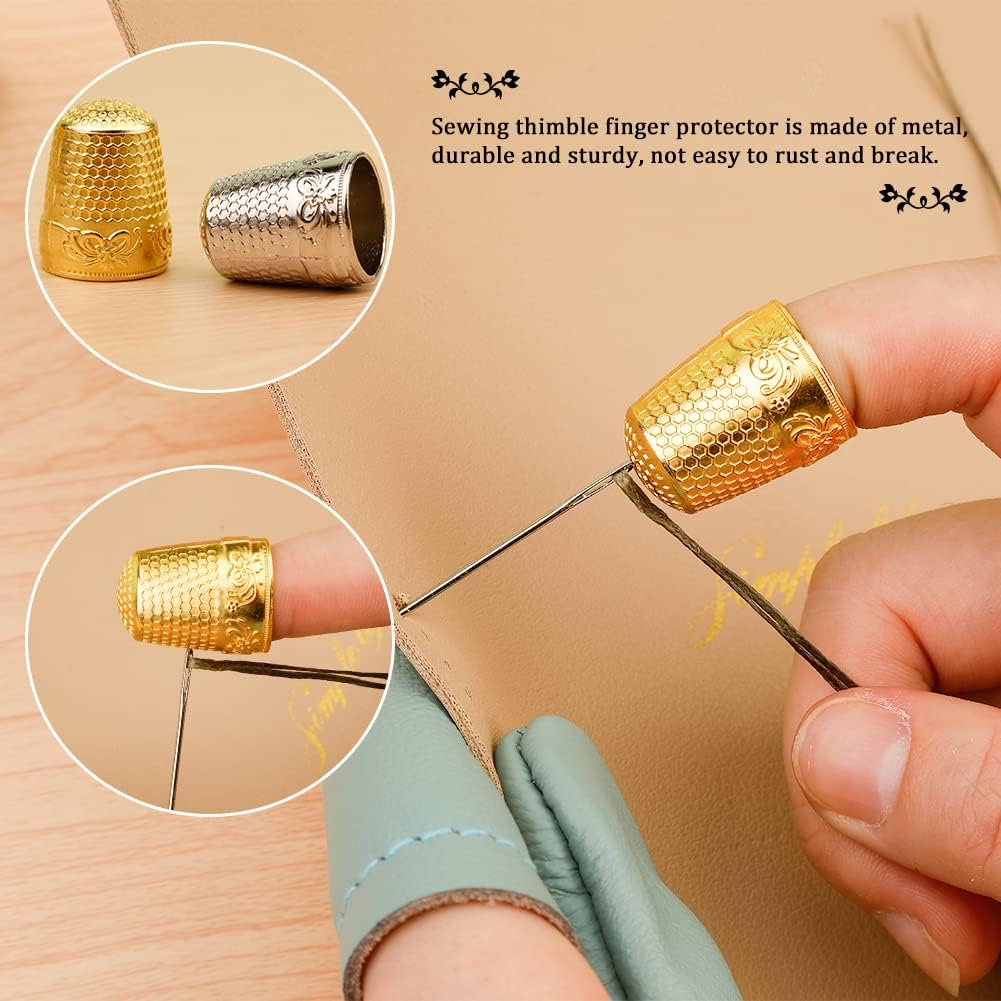 10pcs Hand-Working Sewing Thimble, Metal Finger Shield Ring, Leather Coin Finger Protectors, Sewing Thimble Rings Cap Metal Shield for Knitting Quilting DIY Craft Tools