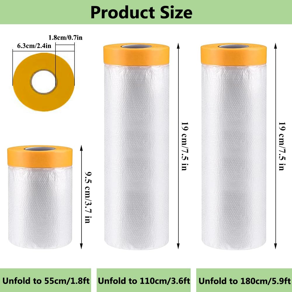 Pre-Taped Masking Film-43inx65ft Tape and Drape Painters Plastic Rolls, Plastic Painting Film for Automotive Painting Covering,Protective Drop Film for Furniture, Car, Floor (4rolls, 43in×65ft)