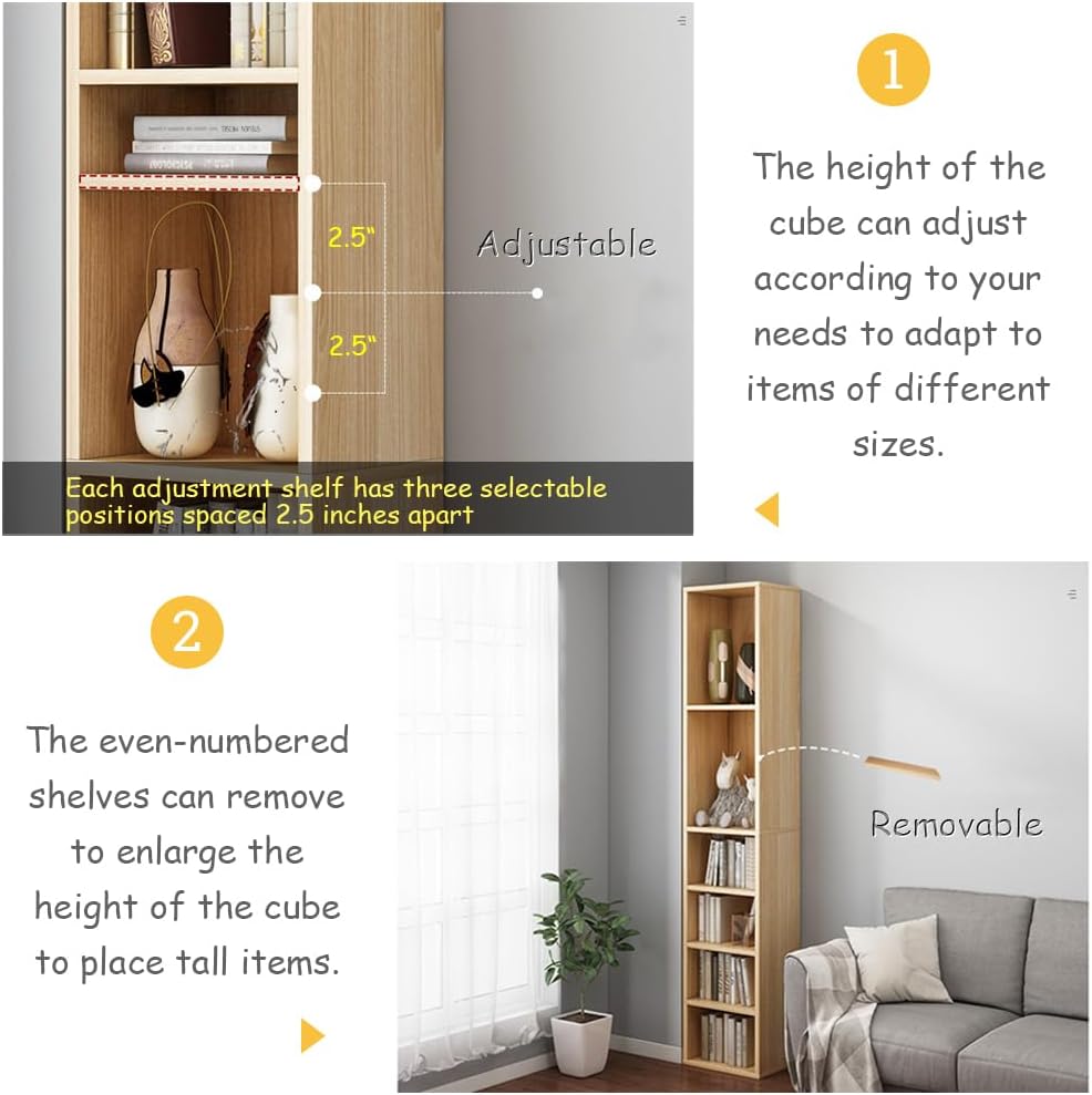 IOTXY Small Narrow Corner Bookcase - 59" Tall Free Standing Gap Storage Cabinet, 6 Lattices Open Shelves Tower Rack with Door, Cubes Bookshelf, White