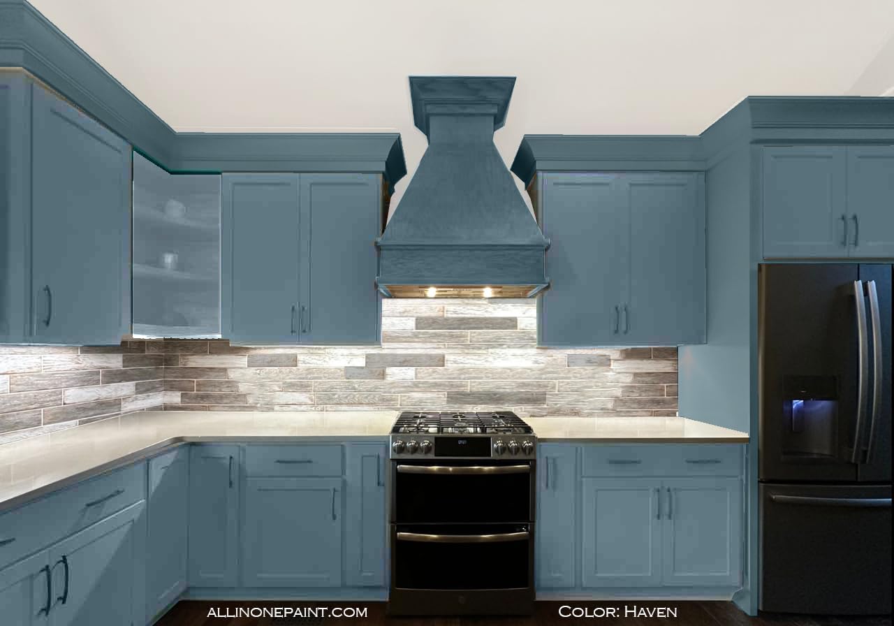 ALL-IN-ONE Paint, Durable cabinet and furniture paint. Built in primer and top coat, no sanding needed. Includes our 30 featured color card - Haven (heathered, muted blue), Quart