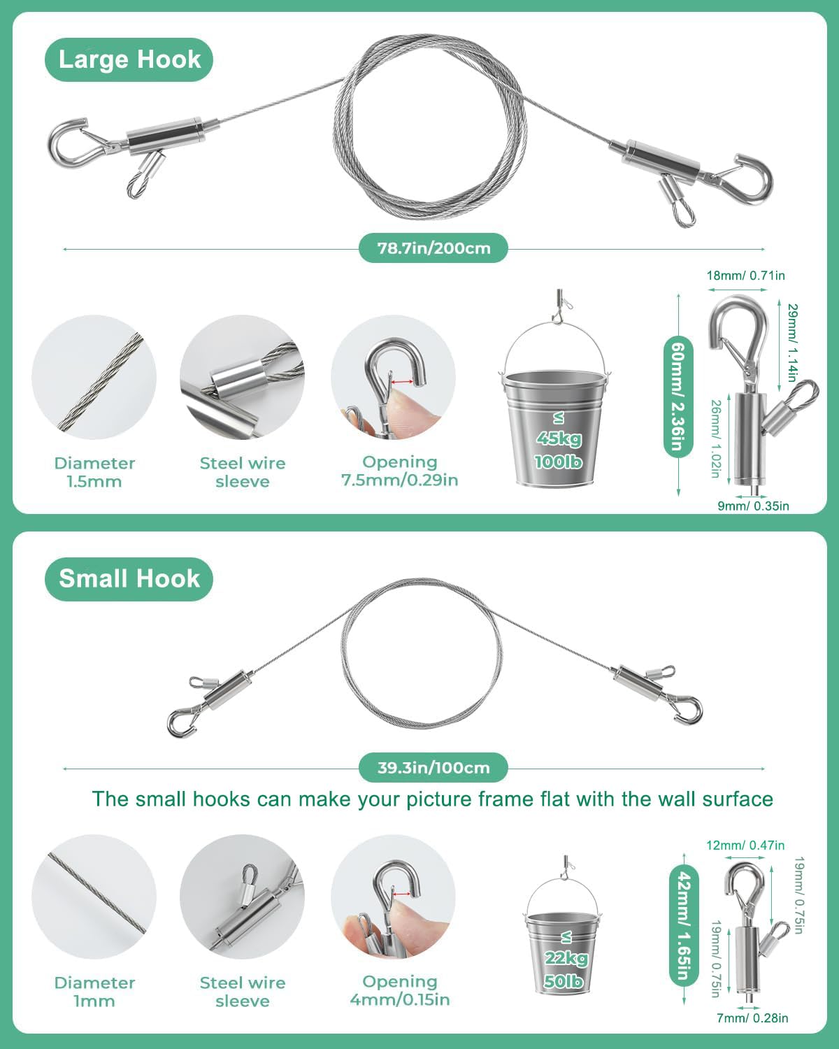 2PCS Adjustable Picture Hanging Wire 3m x 1.5mm Large Hooks, Picture Frame Wire Kit Heavy Duty 100lbs, Stainless Steel for Art, Mirror, Light Lamp, Billboards, Basket Flowerpot