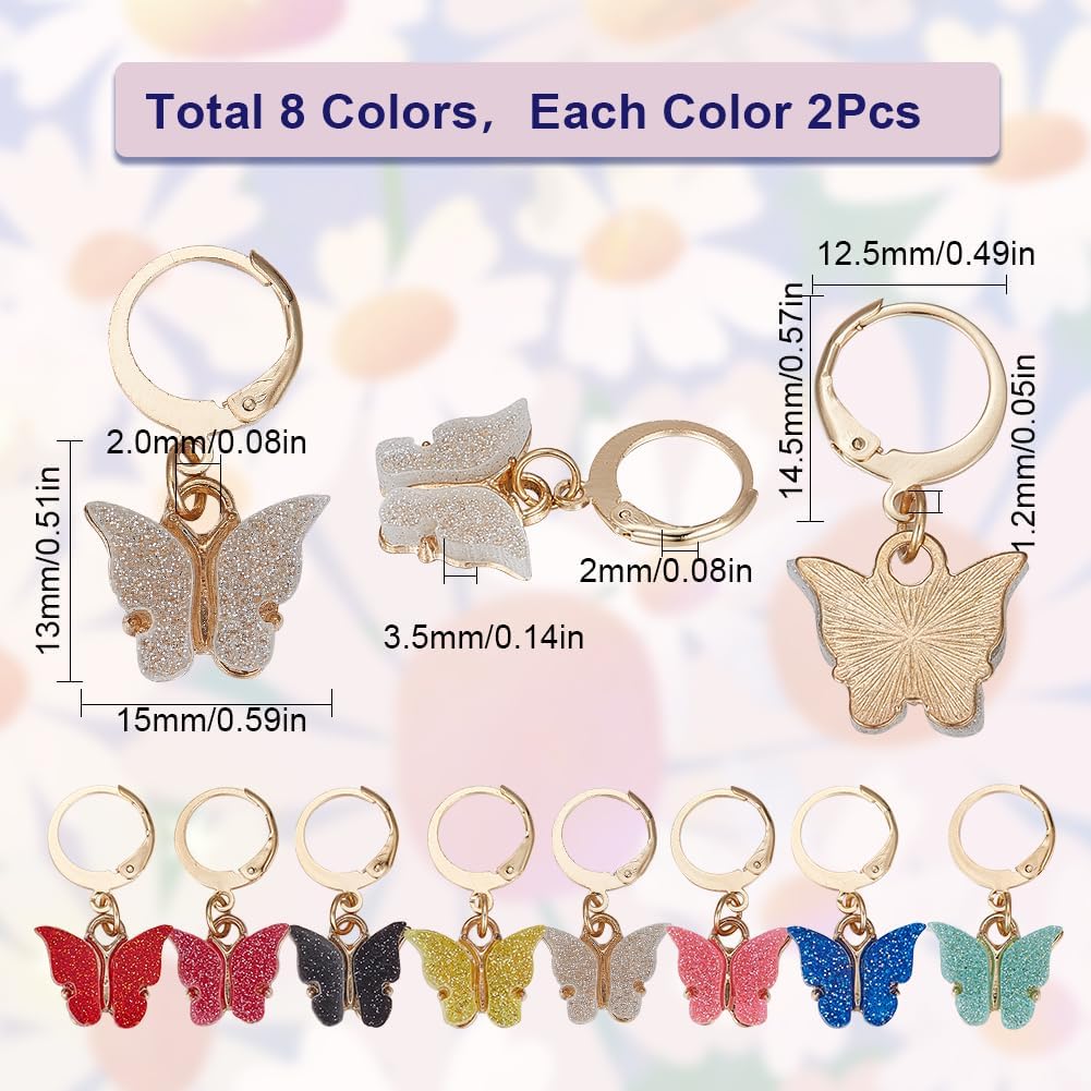 SUNNYCLUE 1 Box 16Pcs 8 Colors Knitting Crochet Markers Knitting Markers Charms Spring Butterfly Crochet Leverback Charms for Weaving Sewing Needleworks Women Adults DIY Supplies