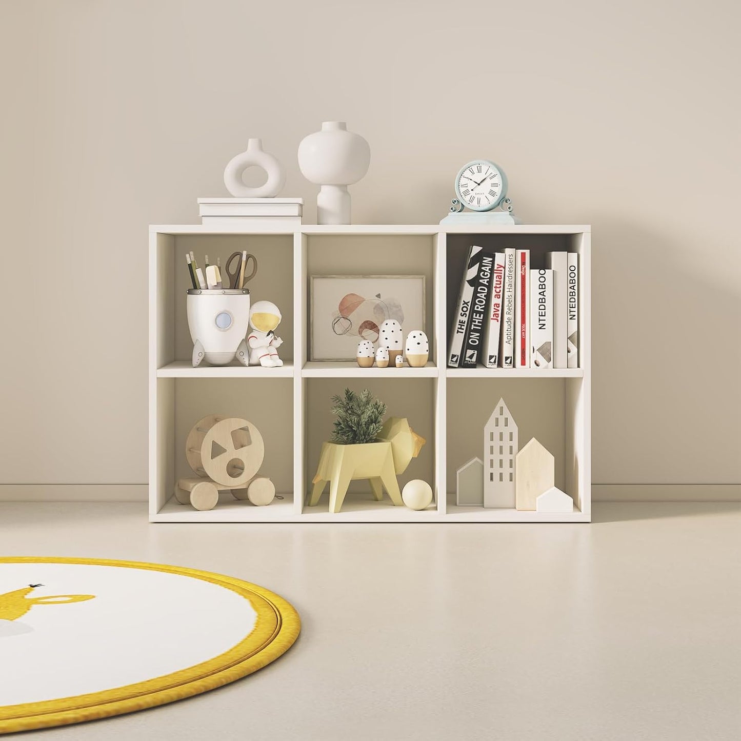 Wood Cube Storage Organizer Closet Cabinet for Living Room Bedroom Study Shelf Bookcase Wooden Floor Standing Open Bookshelf for Kids Home Office Display Storage Cabinet (White, 6-Cube, 11.81in)