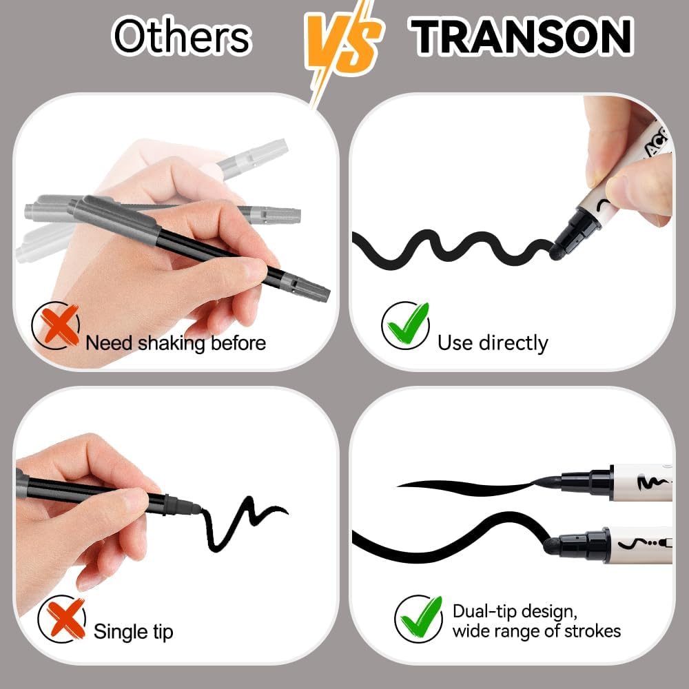 TRANSON 8 Pack Black Brush and Bold Dual-tip Acrylic Paint Marker for DIY Glass Canvas Wood Leather Ceramic Rock Painting