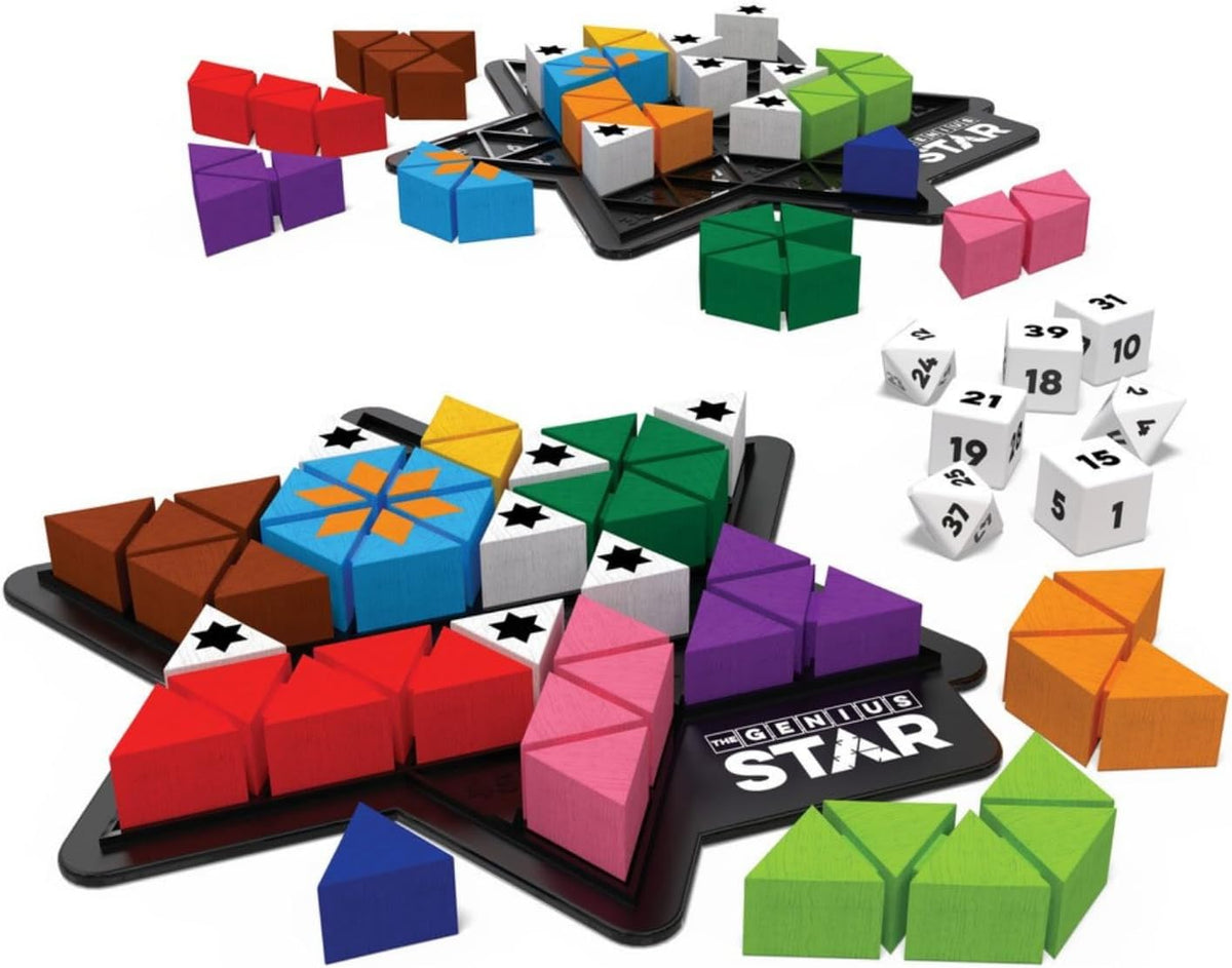 The Happy Puzzle Company The Genius Star | Toy of The Year Award Winning Family Board Game | 165,888 Possible Puzzles | Filling in Colored Shapes | Blockers to Complete A Star | Golden Star Twist
