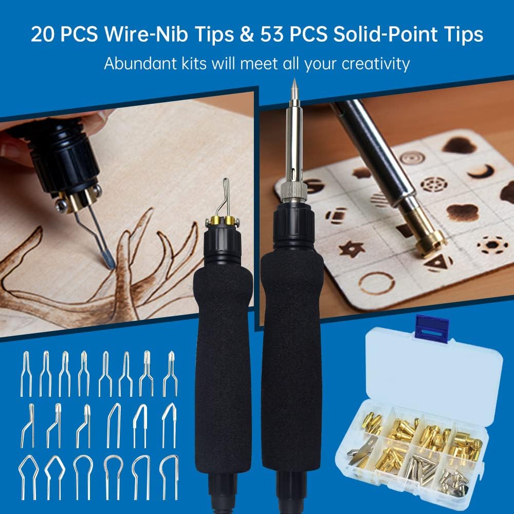 Goodcrafter Pyrography Pen 2-IN-1 Wood Burning Kit 101-IN-1,200~480°C (withTemp Display)/Wire-Nib 250~750°C Temp adjustable with 20 Nibs,53 Solid Points,12 Stencils and 15 Wood Chip(Mother's Day gift）