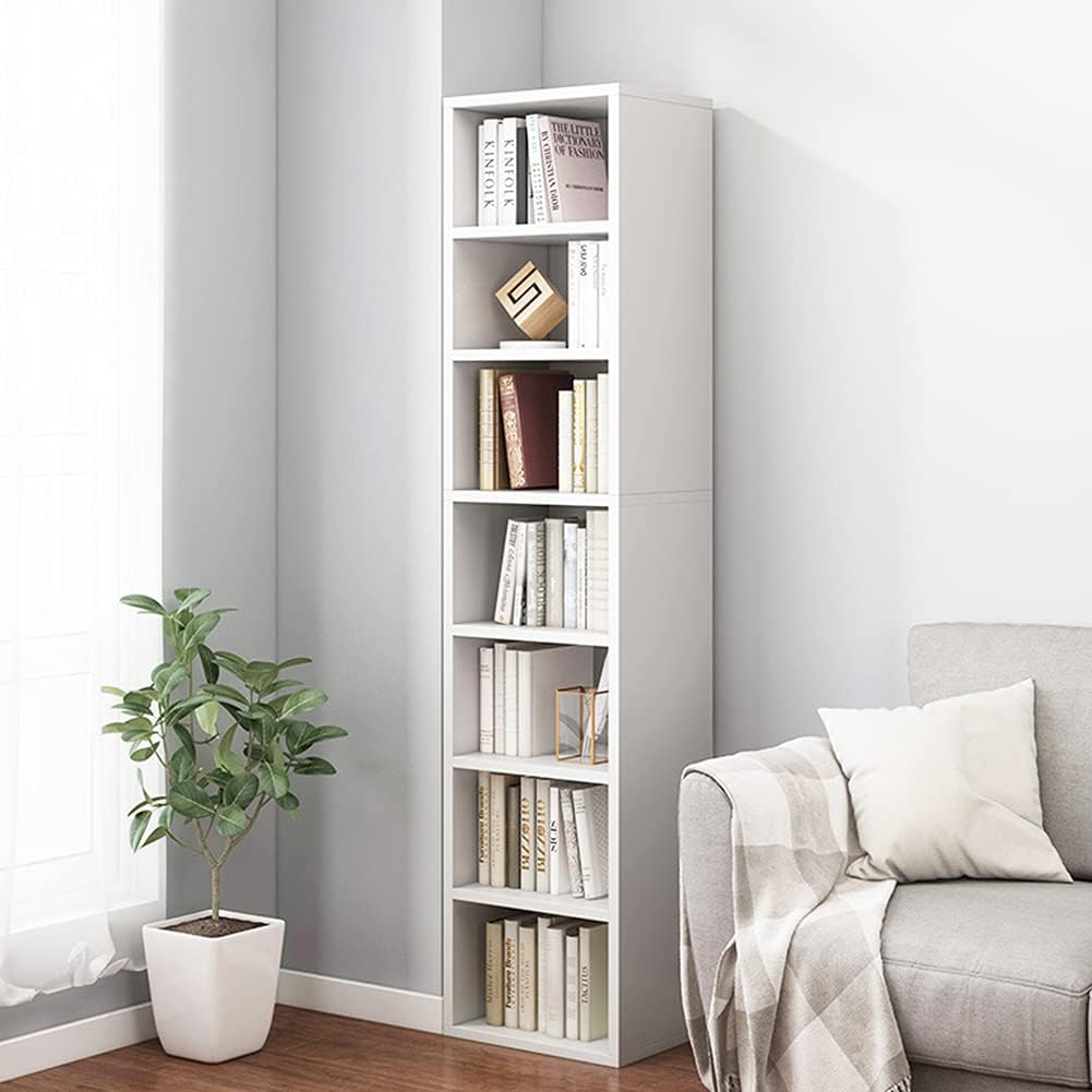 IOTXY Small Narrow Corner Bookcase - 59 Inches Tall Gap Freestanding Storage Cabinet, 7 Lattices Open Shelves Tower Rack, Cubes Bookshelf in White