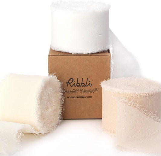 Ribbli Chiffon Ribbon - 1.5 inch x 30 Yard Handmade Silk, White/Ivory/Nude Fringe Chiffon for Wedding Invitations, Gift Wrapping, Bridal Bouquets, Flower Arrangement Decoration