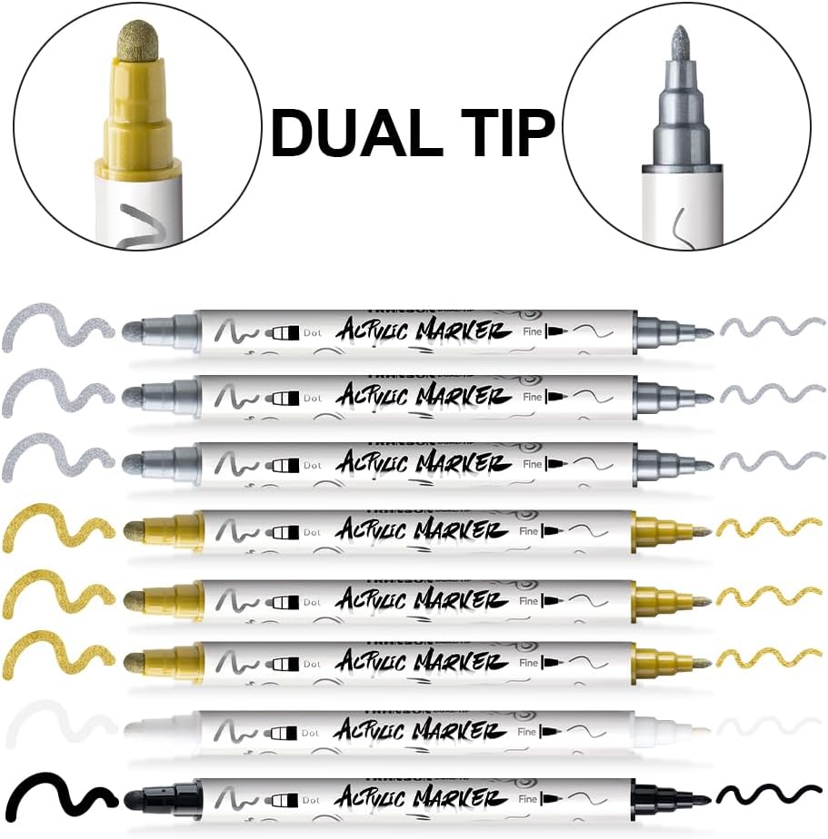 TRANSON 3 Gold, 3 Silver, 1 Black and 1 White Paint Markers Bold and Fine Dual-tip Acrylic Paint Marker Set for Rock Painting Glass Canvas Wood Leather Ceramic Painting