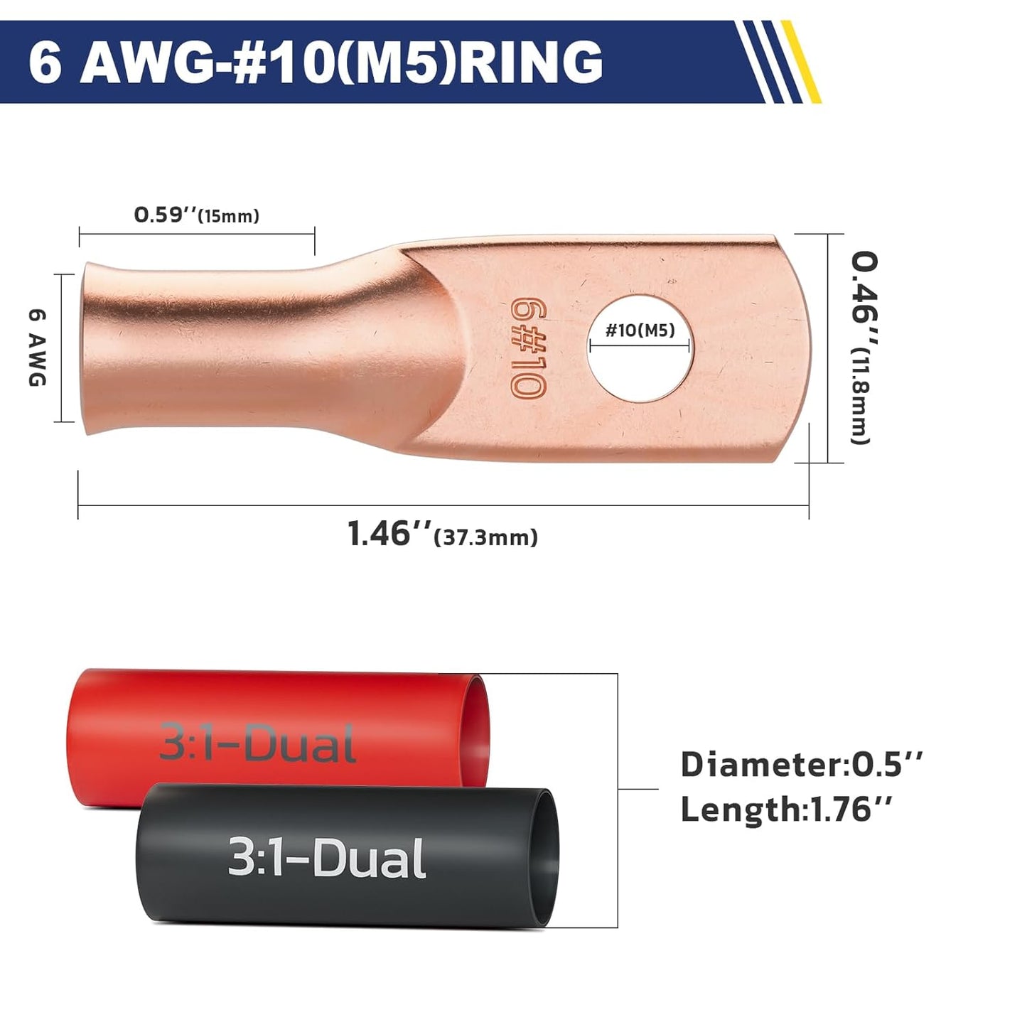 haisstronica 10pcs 6 AWG - #10 Battery Cable Lugs, Heavy Duty Copper Wire Lugs with 10pcs 3:1 Adhesive Heat Shrink Tubing, 6 Gauge Wire Connectors Battery Terminal Connectors, Battery Cable Ends