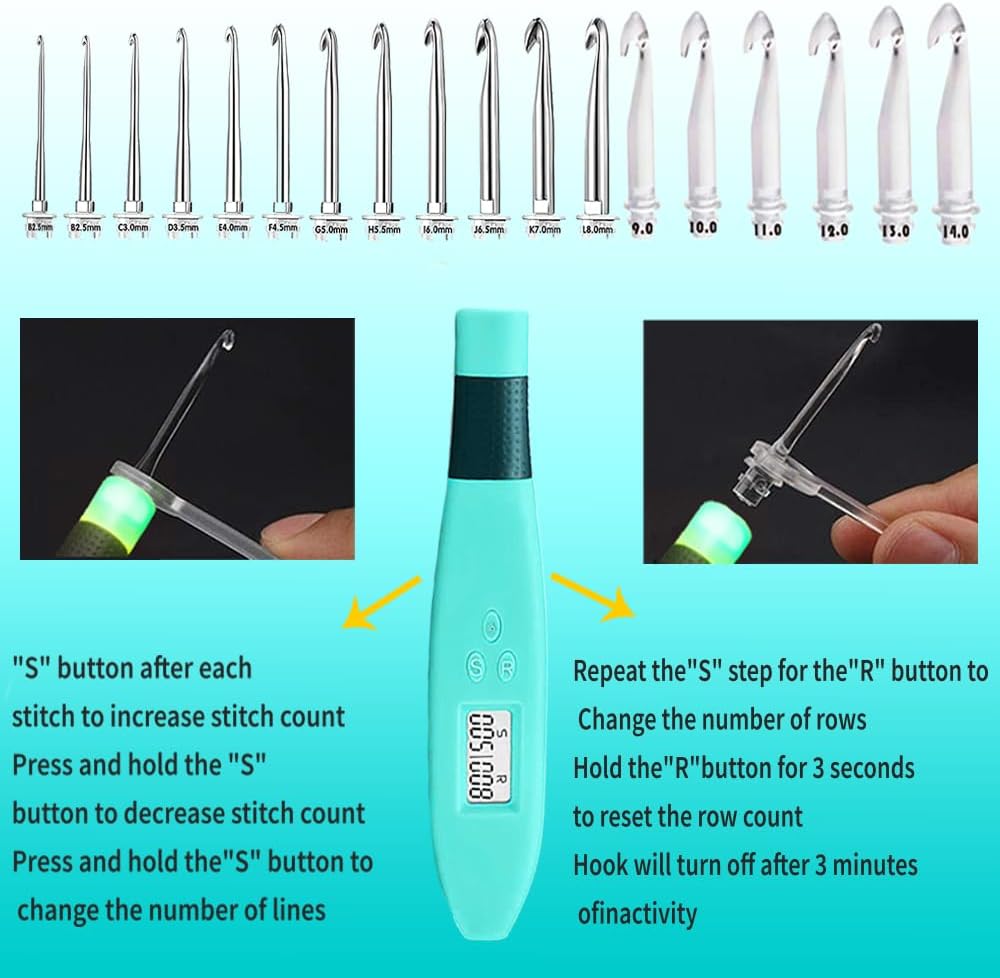 Yarniss 18 Size Counting Crochet Hooks with Light, Digital Counter Crochet Hooks Set with Case (2.0mm~14.0mm)