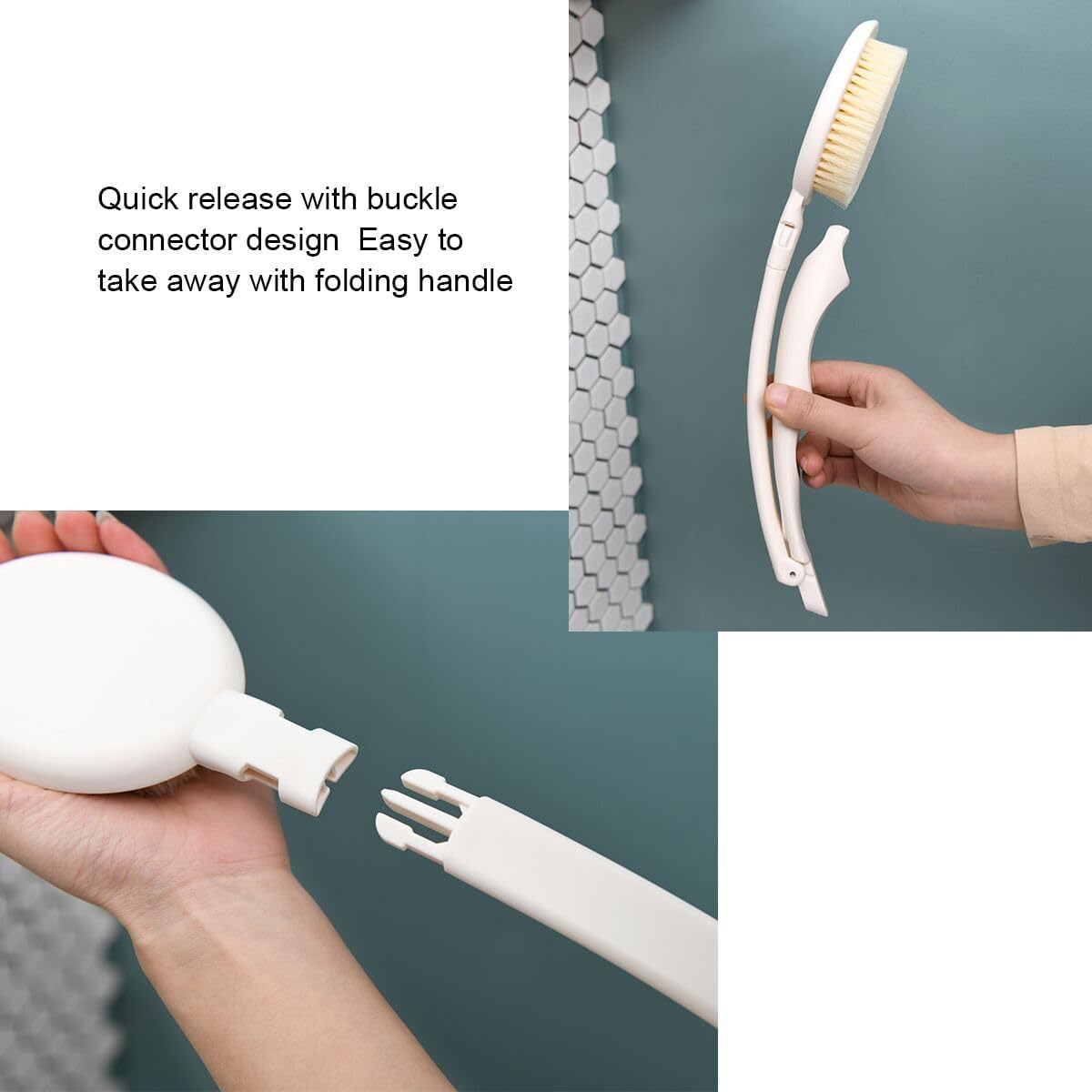 LFJ 19" Long Handle Shower Sponge Brush Set, 3 in 1 Body Brush, Bath Sponge and Lotion Applicator Improved Skin Health, Suitable for Men and Women (White Brush with pumice-1P)