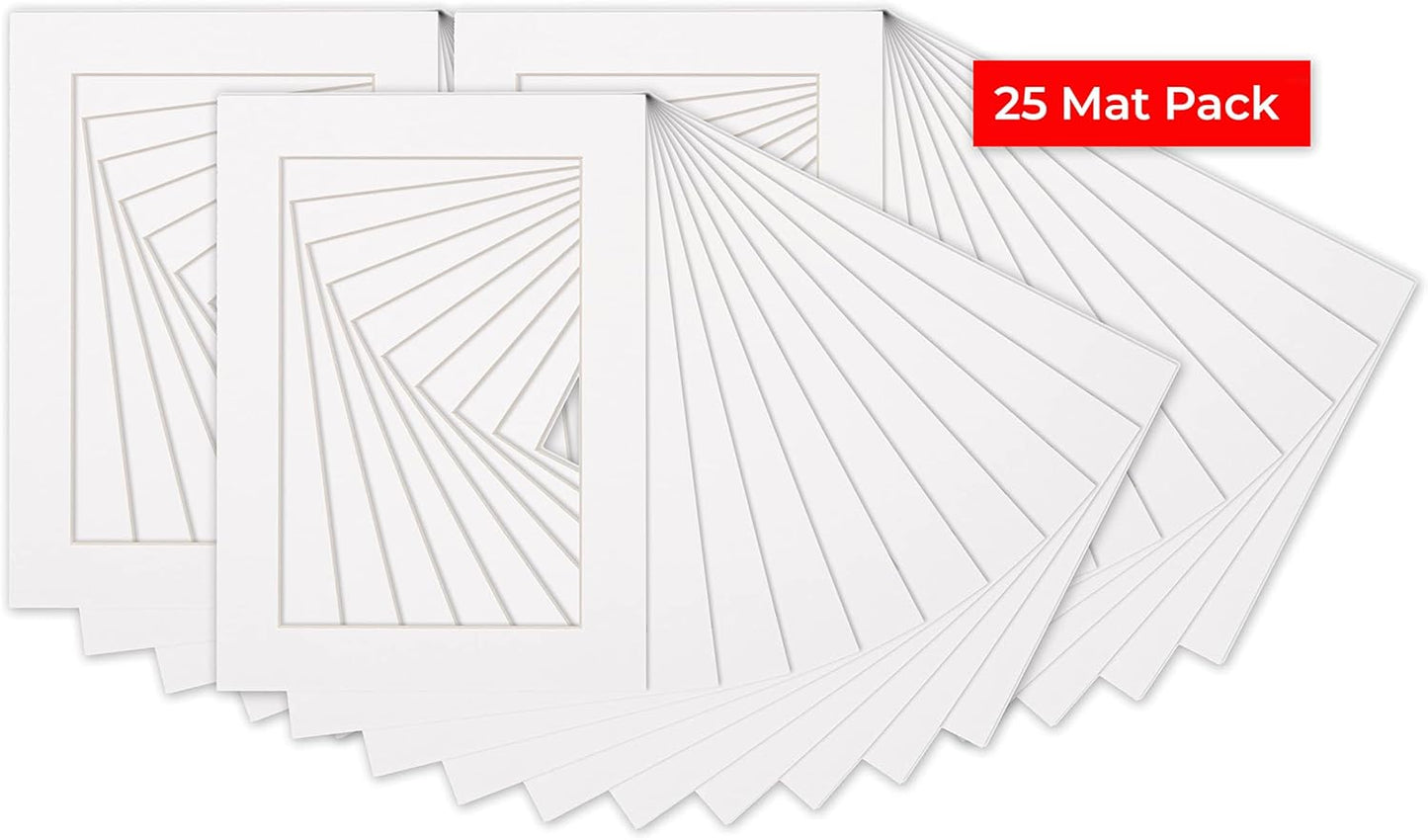 Poster Palooza Pack of 25 Acid Free 8.5x11 Mats Bevel Cut for 7x9 Photos - White Precut Matboards With Backing Boards and Clear Photo Mat Bags For Pictures, Photos, Framing - 4-ply Thickness