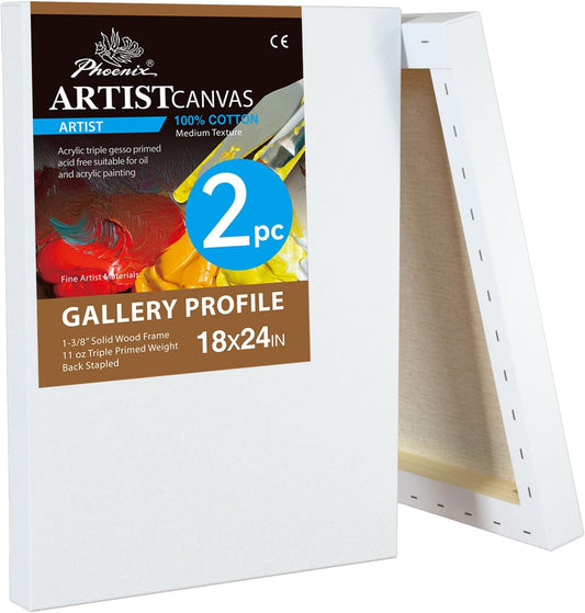 PHOENIX 18x24 Inch 2 Pack Gallery Canvas - 1.5 in Thick Large Canvases for Painting - Deep Edge 100% Cotton 11 Oz. Gesso Primed White Blank Professional Canvas Oil & Acrylic Paints