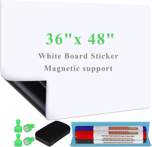 White Board Sticker Adhesive Backing, 36" x 48" Magnetic Dry Erase Board Contact Paper Stick on Wall, Whiteboard Sheet for Teacher Kids Classroom, Include Markers, Eraser with Magnet