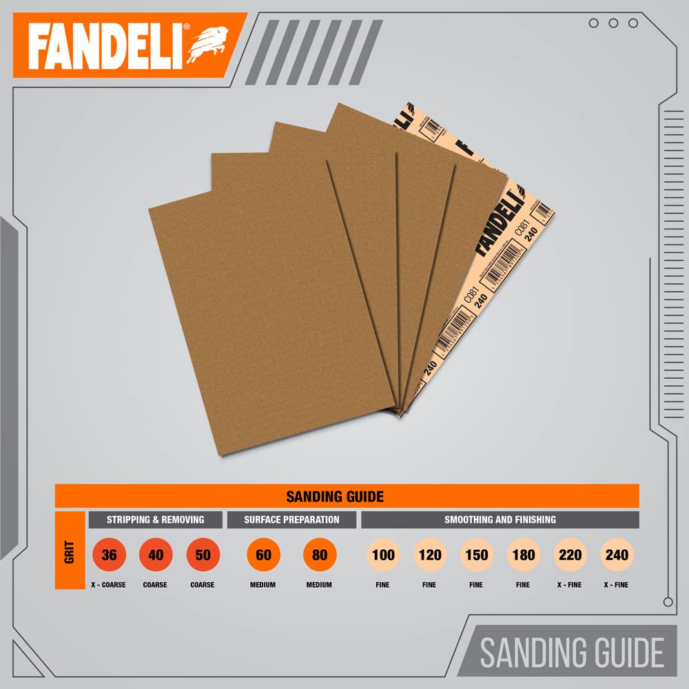 Fandeli | Multi-Purpose Sandpaper | 100 Grit | 25 Sheets of 9'' x 11'' | Ideal for Sanding Metal, Untreated Wood and Painted Surfaces