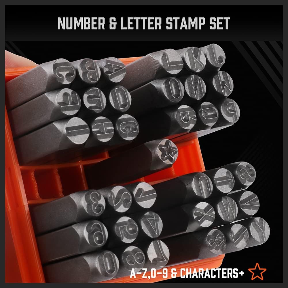 HORUSDY 37-Piece Number and Letter Stamp Set 1/4 (6mm) (A-Z & 0-9 + Stars) Punch Perfect for Imprinting Metal Stamping kit, Plastic, Wood, Leather