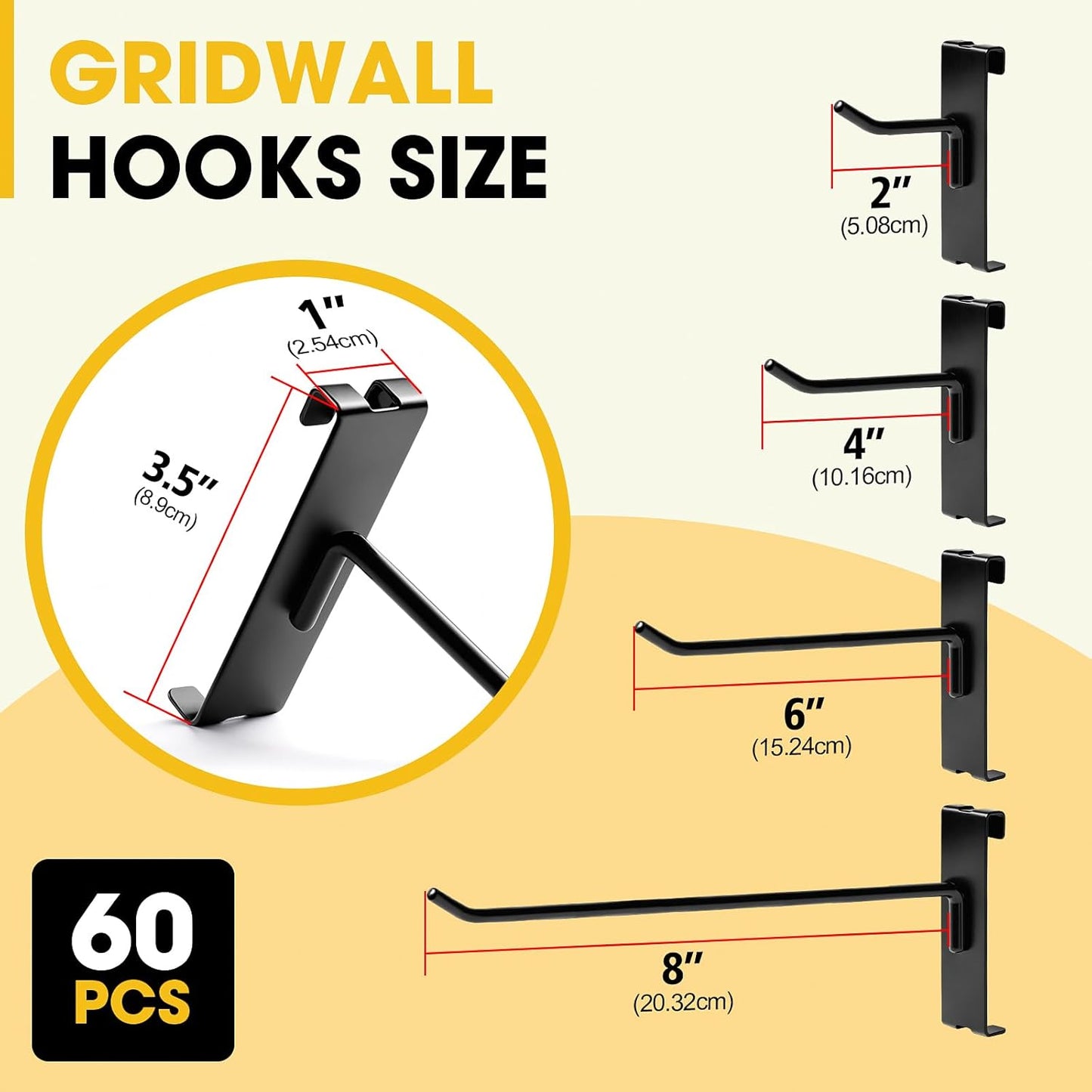 Gridwall Hooks 2 Inch, 60 Pack Heavy Dut Display Hooks for Grid Wall, Grid Panel Hooks Hangers, Grid Wall Accessories for Retail, Craft Shows, Home Setup, and Customized Display, Black