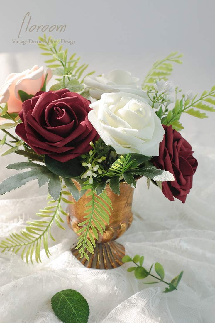 Floroom Artificial Flowers 25pcs Real Looking Burgundy Foam Fake Roses with Stems for DIY Wedding Bouquets Red Bridal Shower Centerpieces Party Decorations