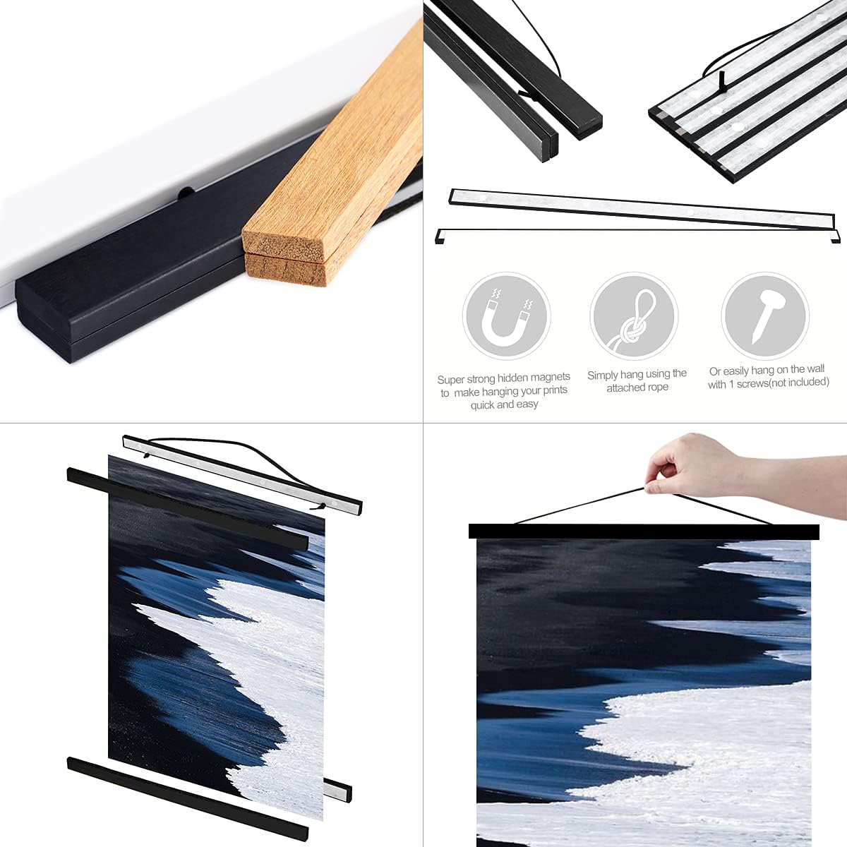 Ywlake Magnetic Poster Hanger, 29x20 29x24 29x21 Poster Frame Wood Wooden Magnet Print Posters Dowel Scroll Hanger Hangers Hanging Kit for Walls Map Canvas Artwork (Black, 29")