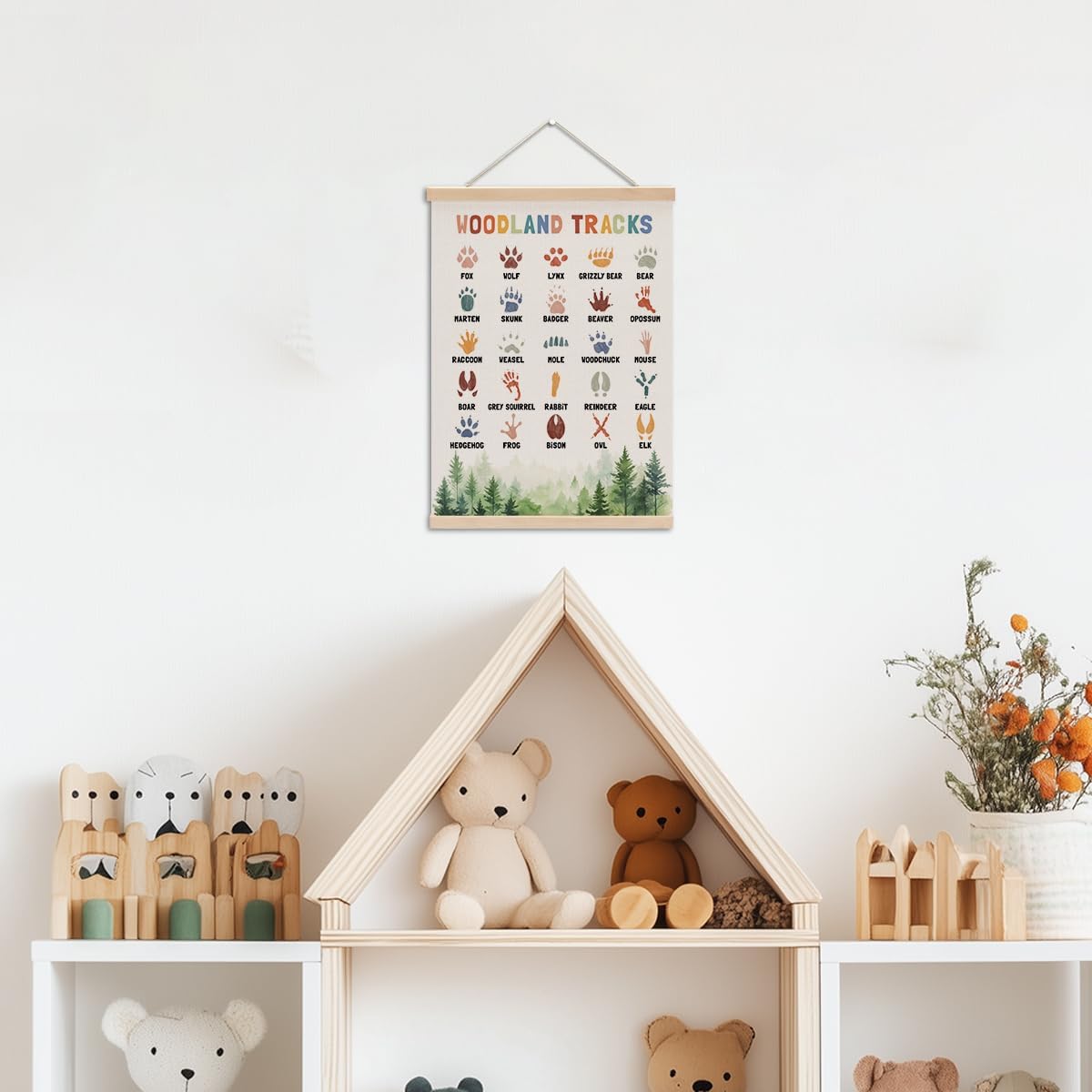 Boho Animal Woodland Tracks Poster Hanger, Forest Jungle Animals Nursery Decor Wall Decor, Paw Print Educational Posters Country Wall Art Wall Hanging Banner Farmhouse Home Playroom Baby Room Decor