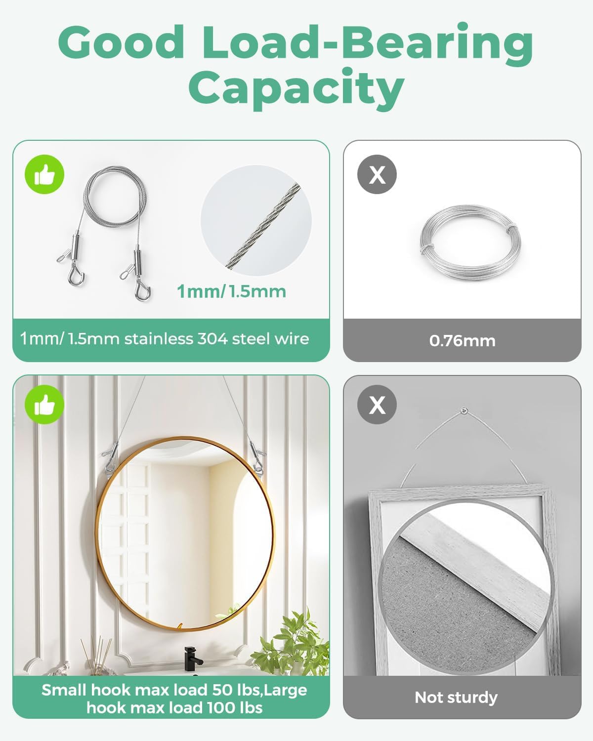 2PCS Adjustable Picture Hanging Wire 1.5m x 1mm Small Hooks, Picture Frame Wire Kit Heavy Duty 50lbs, Stainless Steel for Art, Mirror, Light Lamp, Billboards, Basket Flowerpot