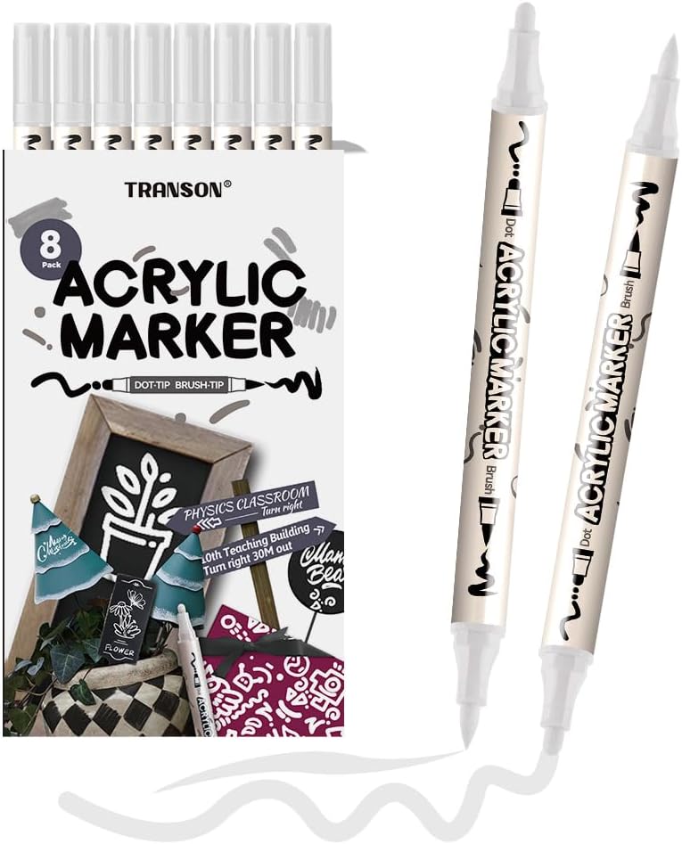 TRANSON 8 Pack White Brush and Bold Dual-tip Acrylic Paint Marker for DIY Glass Canvas Wood Leather Ceramic Rock Painting
