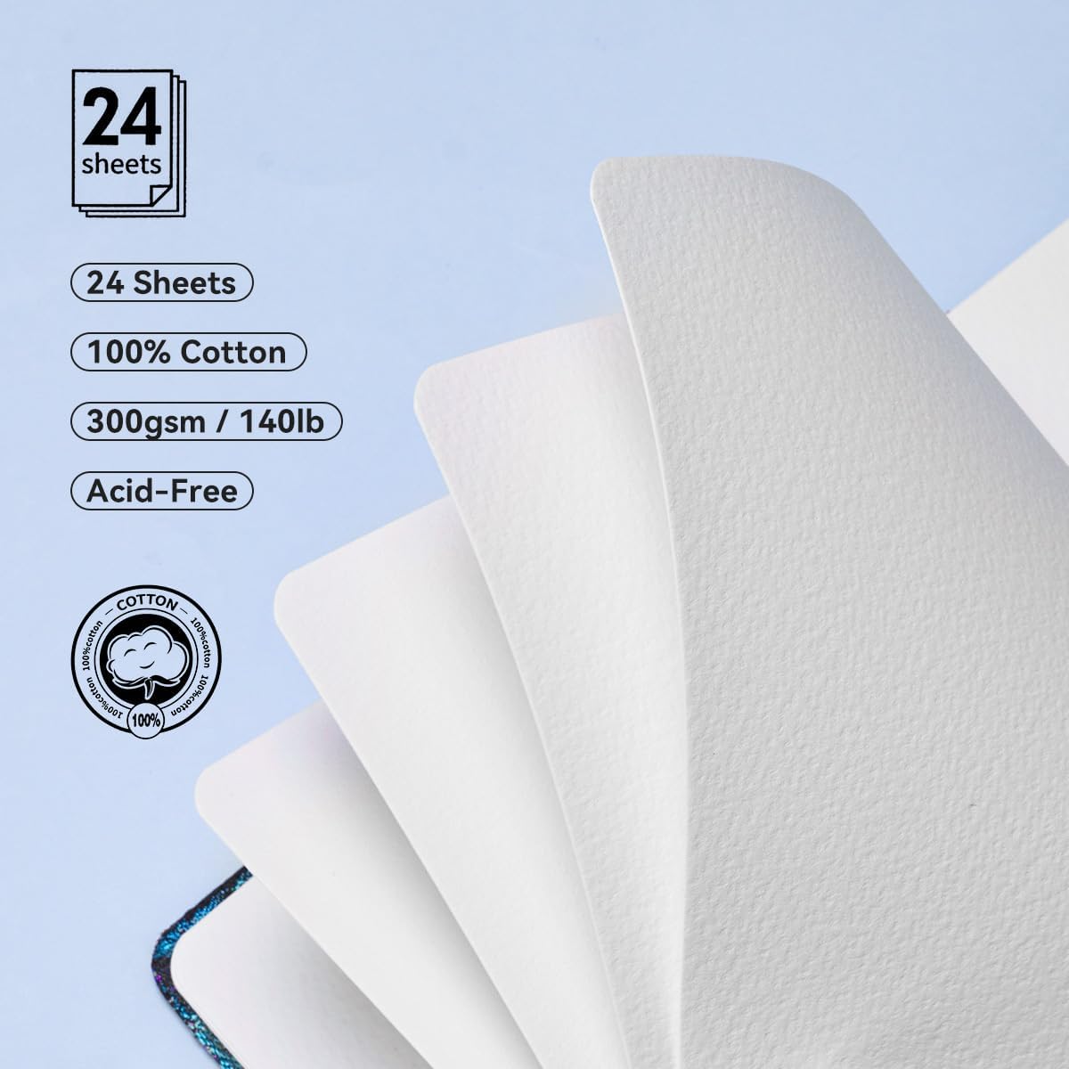 Lightwish Square Watercolor Journal,100% Cotton,300gsm/140lb,Acid-Free,24 Sheets Cold Press Watecolor Sketchbook for Artists Adults Students,6.29 * 6.29 Inches(Blue Starry Sky)