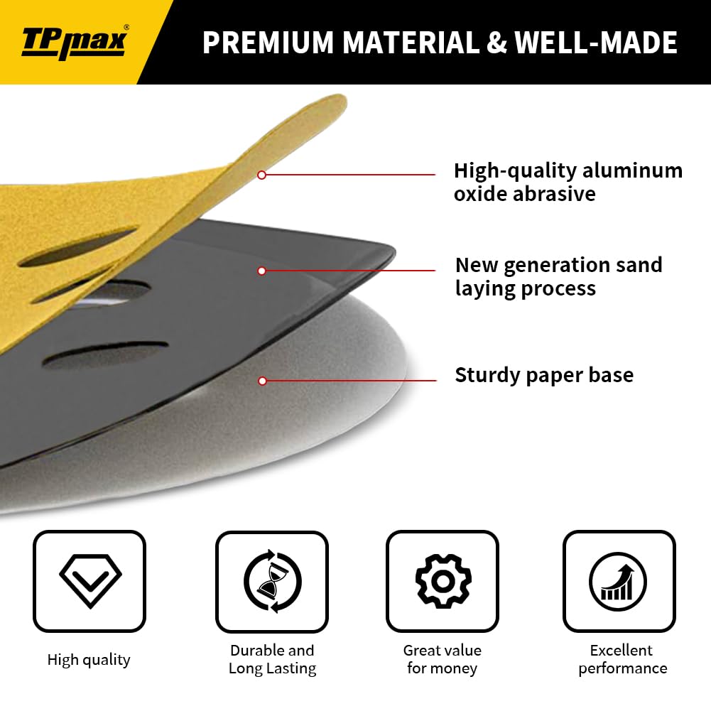 100PCS 5 Inch 800 Grit 125mm 8 Hole Sanding Discs Sandpaper - Premium Gold Round Hook and Loop for Random Orbital Sander - Ideal for Wood, Metal, Automotive